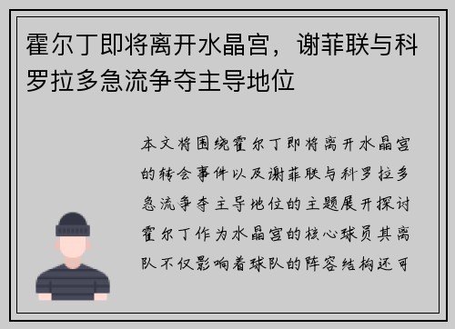 霍尔丁即将离开水晶宫,谢菲联与科罗拉多急流争夺主导地位 霍尔丁即将离开水晶宫,谢菲联与科罗拉多急流争夺主导地位